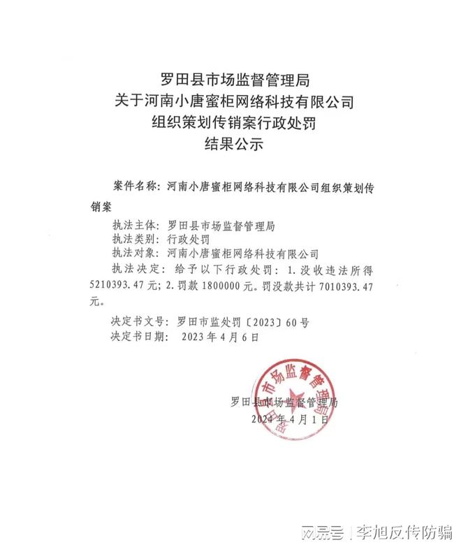 小唐蜜柜因组织、策划传销活动被罚没700余万元(图1)